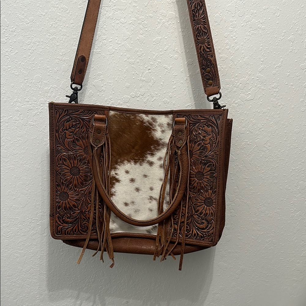 Brown and White Leather Tote Bag